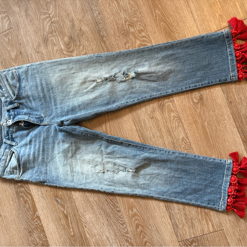 Pilcro and the Letterpress Light Wash Cropped Jeans with Red Tassel Hem - Picture 4 of 6